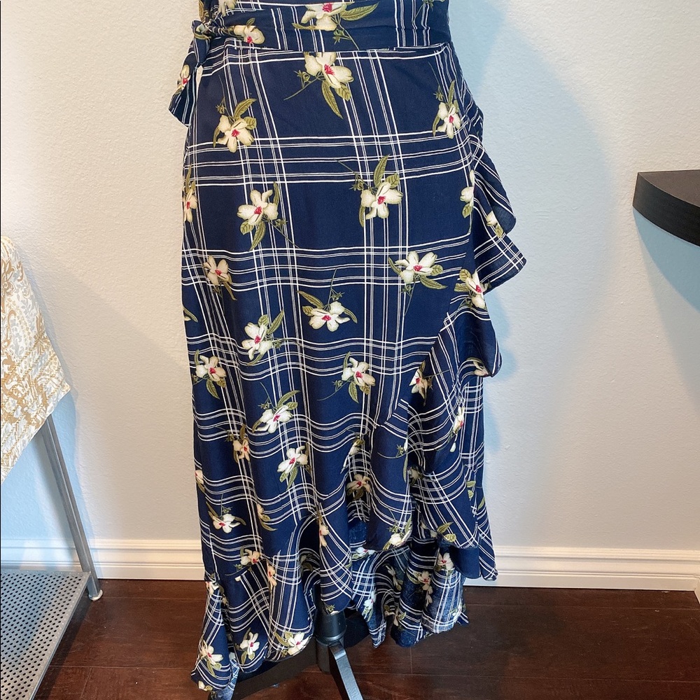 SHEIN Blue Floral Asymmetric Ruffle Wrap Skirt